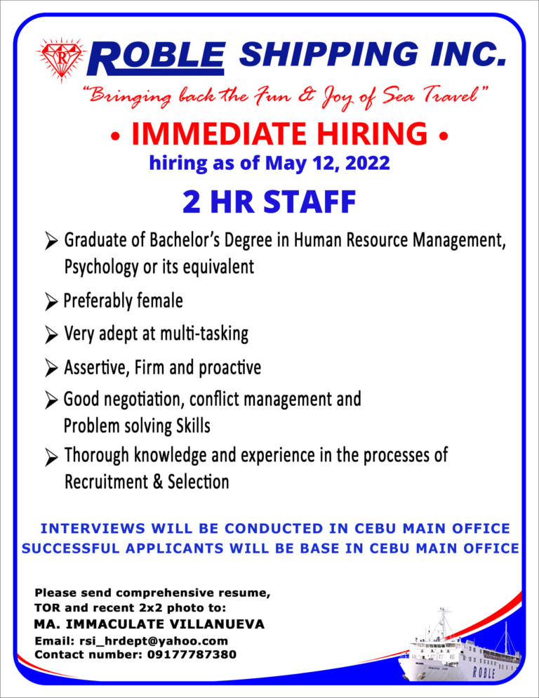 IMMEDIATE HIRING Roble Shipping Inc.