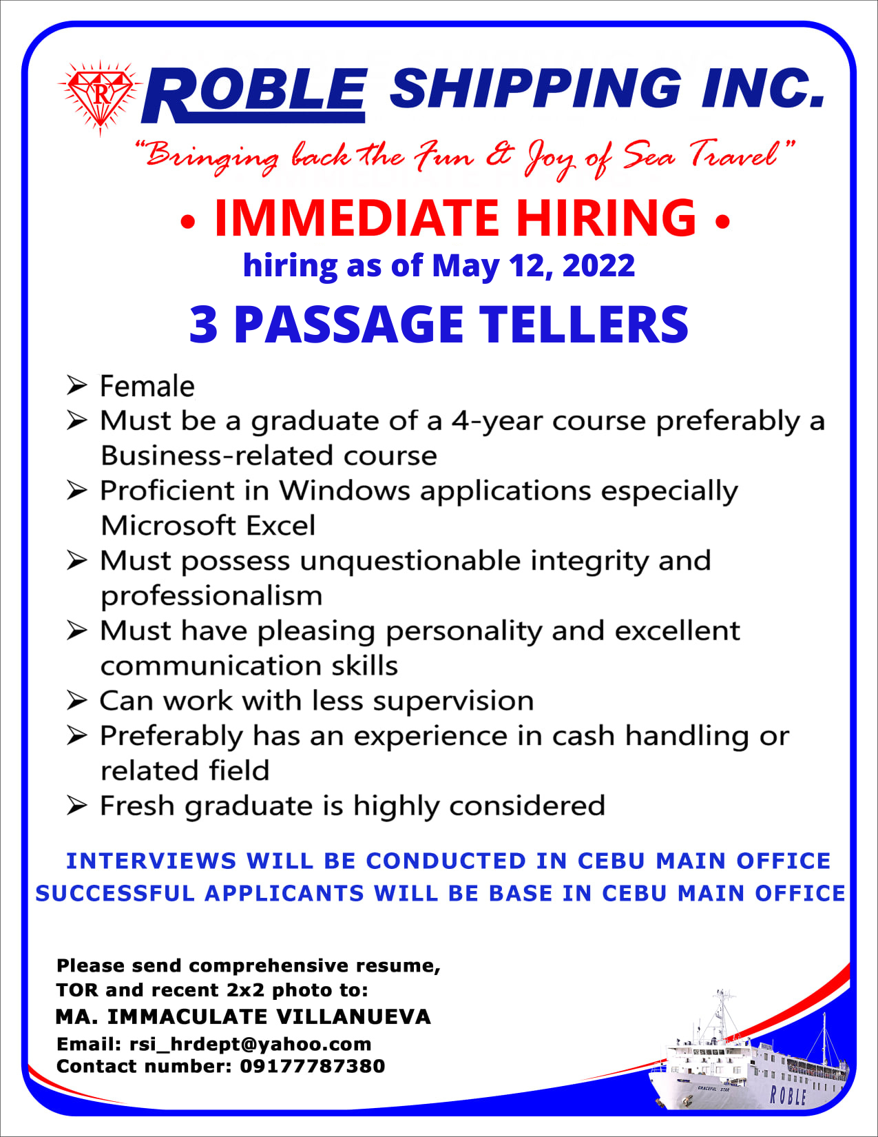 IMMEDIATE HIRING | Roble Shipping Inc.